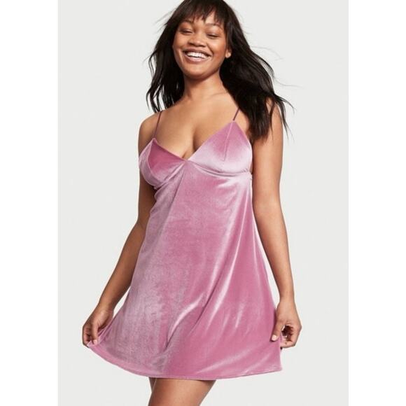 Victorias Secret Pink Velvet Slip Mini Dress Spaghetti Strap Lounge Sleep Sz L - Picture 1 of 7